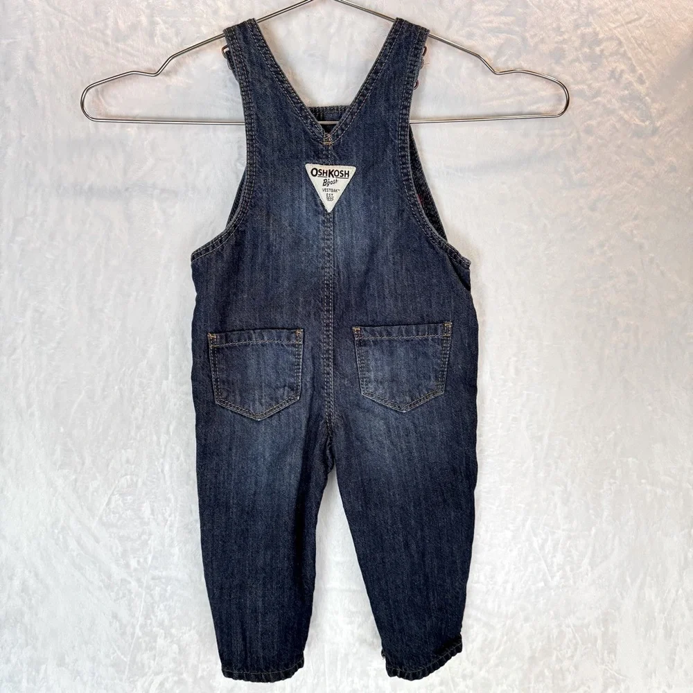 Oshkosh B’Gosh Denim Heart Overalls Vestbak Buffalo Plaid Lining Baby Girl 9M